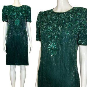 Vintage 80s 90s 100% Silk Green Beaded Papell Cocktail Dress. XS/S 4. Art Deco